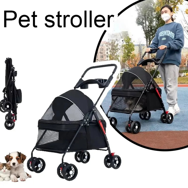 Foldable Lightweight Pet Stroller for Small Dogs & Cats — 15 kg (33 lb) Capacity, 56×35×77 cm (22×14×30 in) Basket - PhishStones Products