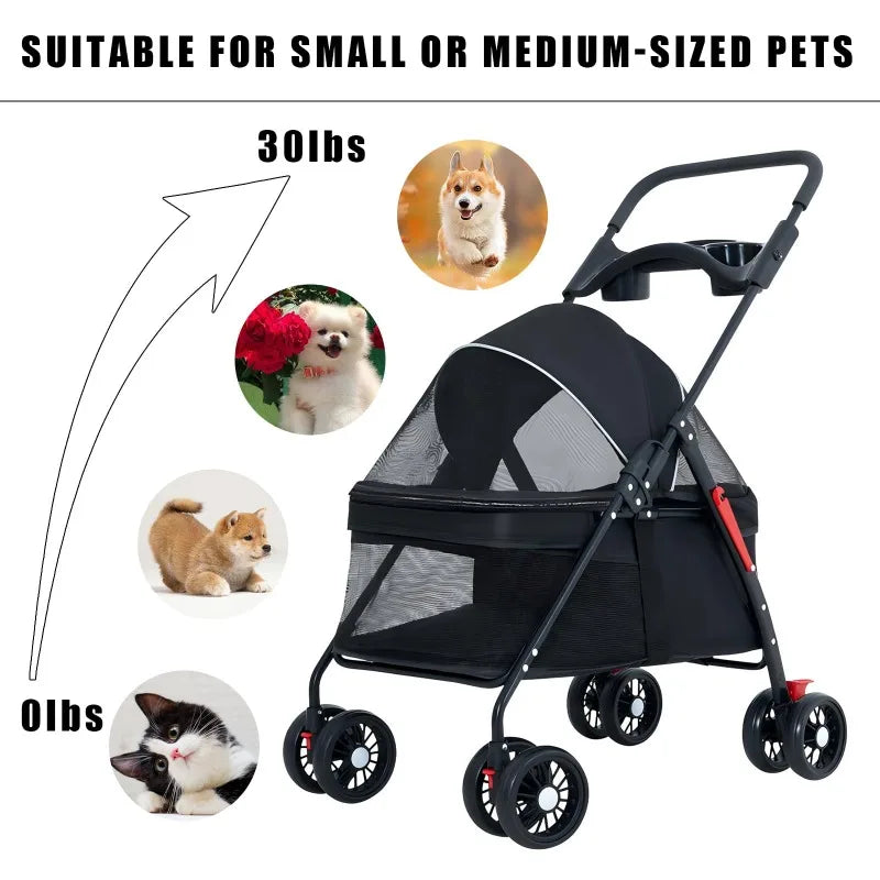 Foldable Lightweight Pet Stroller for Small Dogs & Cats — 15 kg (33 lb) Capacity, 56×35×77 cm (22×14×30 in) Basket - PhishStones Products