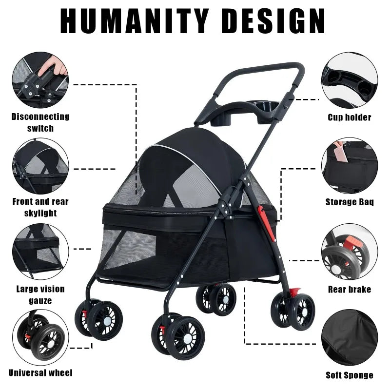 Foldable Lightweight Pet Stroller for Small Dogs & Cats — 15 kg (33 lb) Capacity, 56×35×77 cm (22×14×30 in) Basket - PhishStones Products