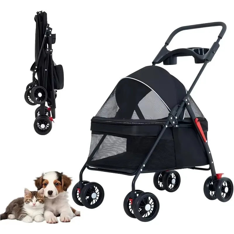 Foldable Lightweight Pet Stroller for Small Dogs & Cats — 15 kg (33 lb) Capacity, 56×35×77 cm (22×14×30 in) Basket - PhishStones Products