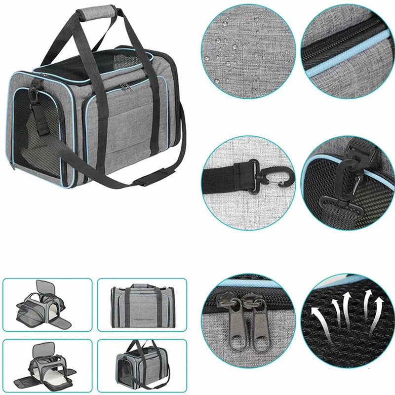 Foldable Mesh Pet Carrier – Expandable Soft - Sided Travel Carrier for Cats & Small Dogs, Breathable Handheld Tote - PhishStones Products