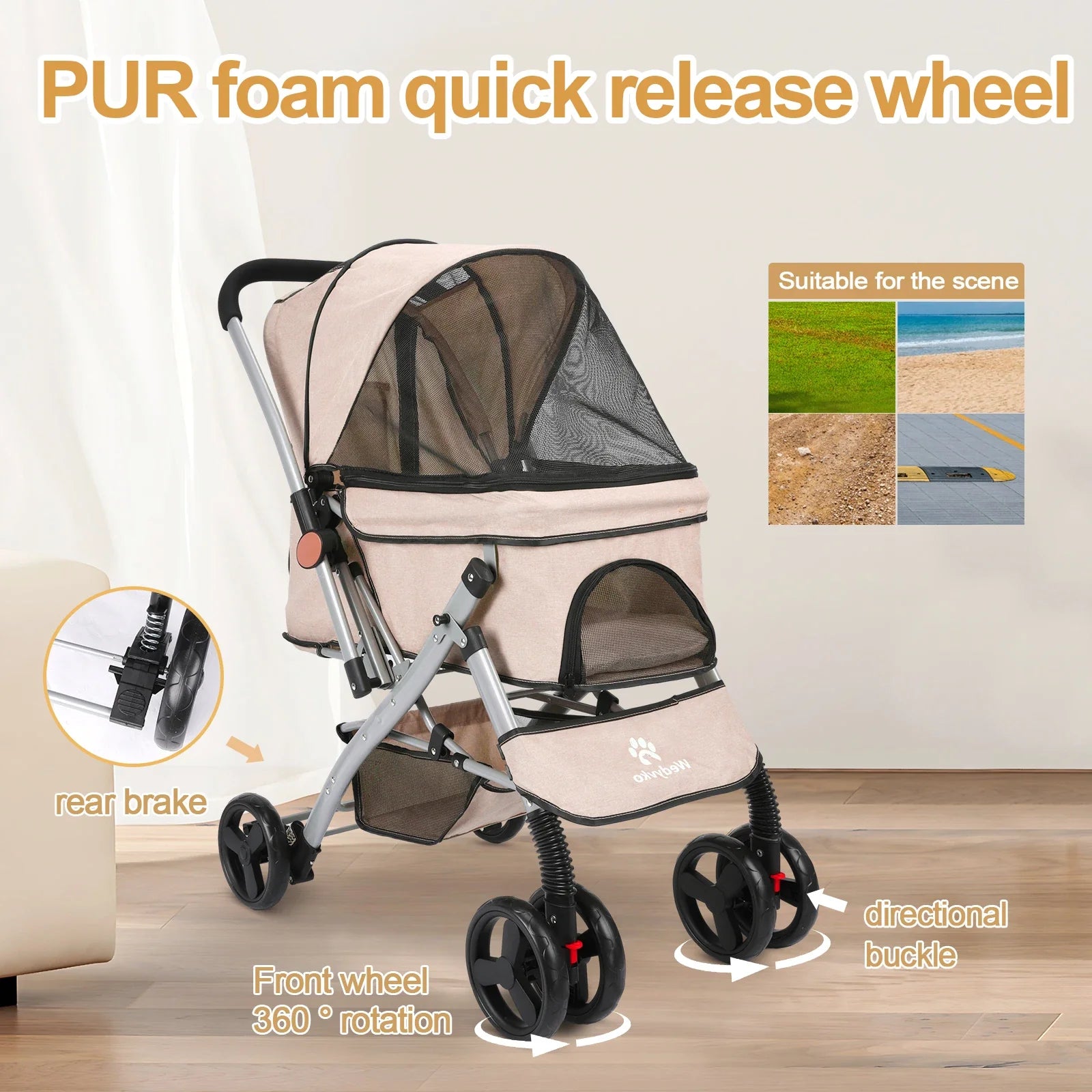 Foldable Pet Stroller for Cats and Dogs, Detachable Shock - Absorbing Travel Carrier, Easy Assembly, Dirt - Resistant - PhishStones Products