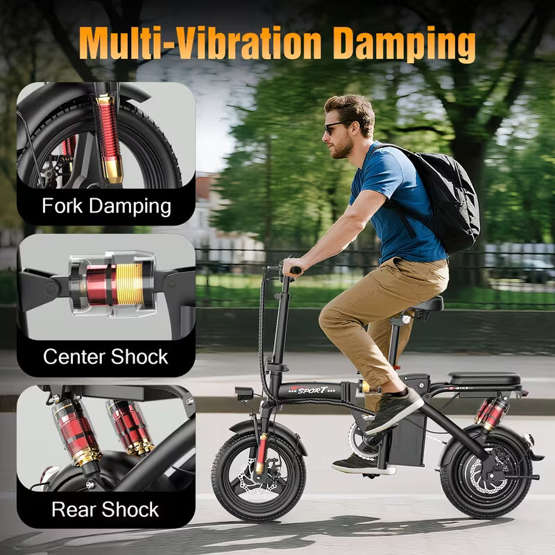 Foldable Dual Suspension Electric Bike, 500W Motor, 14 Tire Folding Mini Ebikes for Adults, 25 Miles Per Hour Range