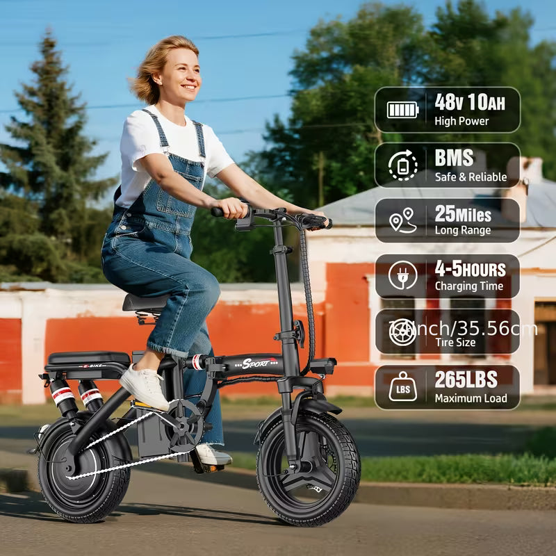 Foldable Dual Suspension Electric Bike, 500W Motor, 14 Tire Folding Mini Ebikes for Adults, 25 Miles Per Hour Range