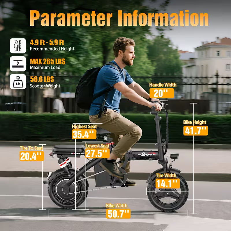 Foldable Dual Suspension Electric Bike, 500W Motor, 14 Tire Folding Mini Ebikes for Adults, 25 Miles Per Hour Range