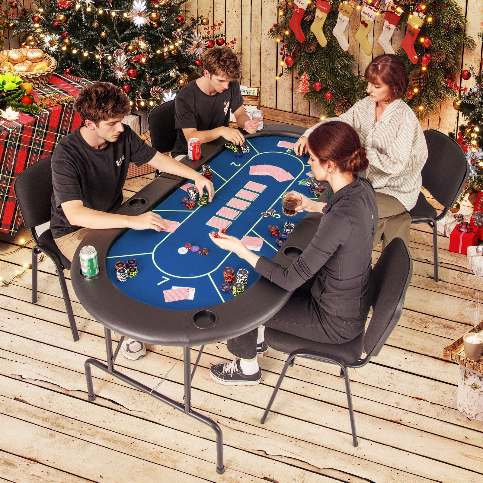 72 x 36 x 30.5 Inch Foldable Poker Table with 8 Cup Holders-Blue