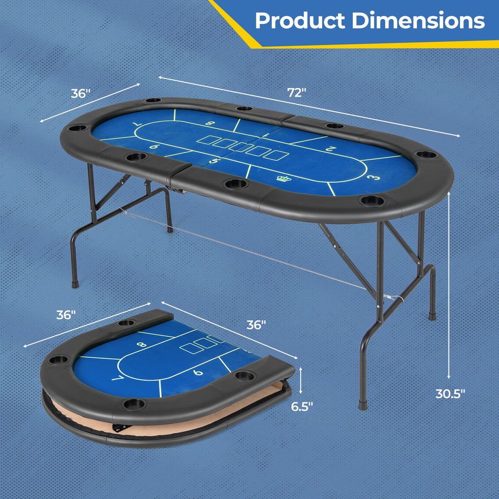 72 x 36 x 30.5 Inch Foldable Poker Table with 8 Cup Holders-Blue