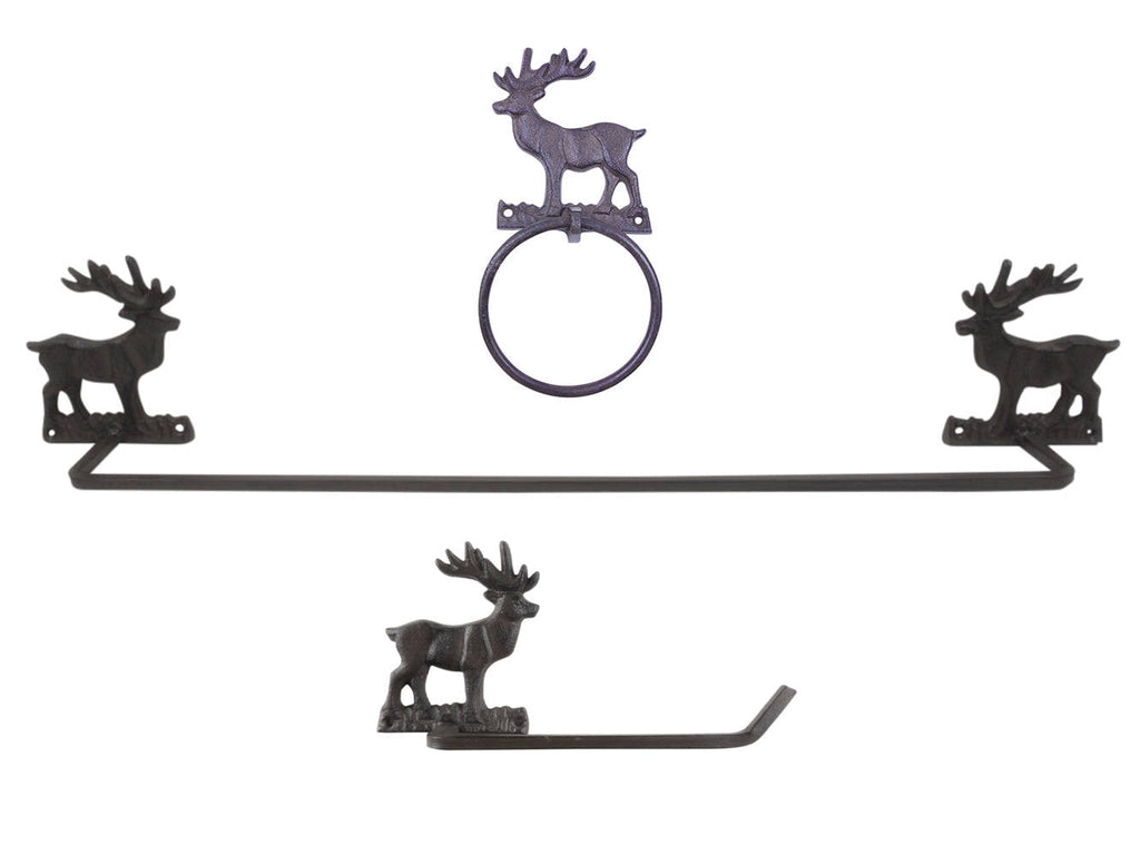 Cast Iron Moose Bathroom Set of 3 - Large Bath Towel Holder and Towel Ring and Toilet Paper Holder
