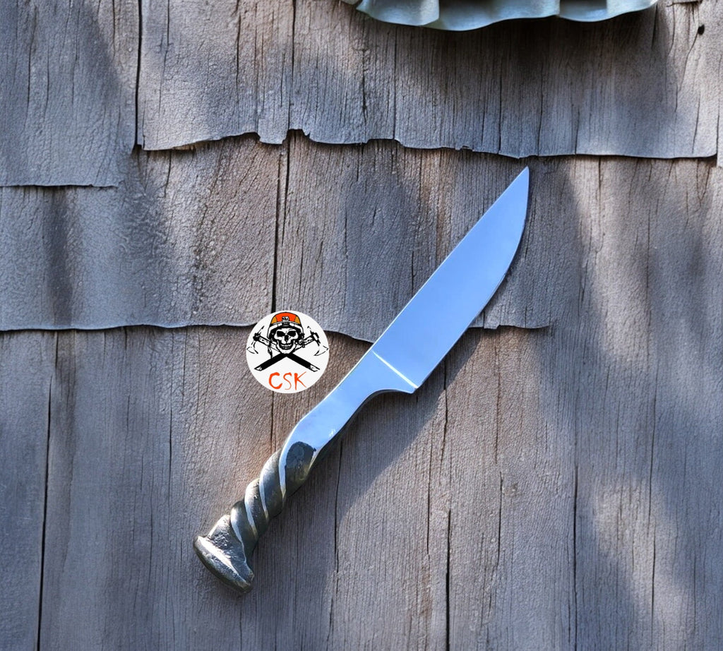 Forged Railroad Spike Knife – Unique Artisan Blade with Twisted Handle Design - PhishStones Products