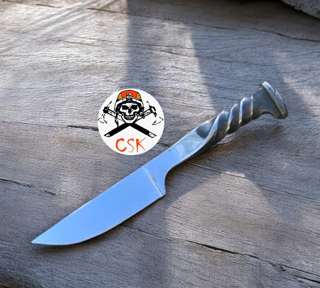 Forged Railroad Spike Knife – Unique Artisan Blade with Twisted Handle Design - PhishStones Products