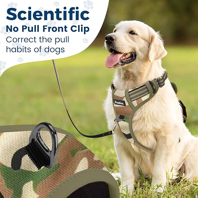 Funfox Dog Harness No Pull, Adjustable Pet Vest Harness, Super Soft Material with Vertical Handle Easy Control, Reflective Night Walking, 2 Leash Clips for Large Dogs, Camo Green, L - PhishStones Products