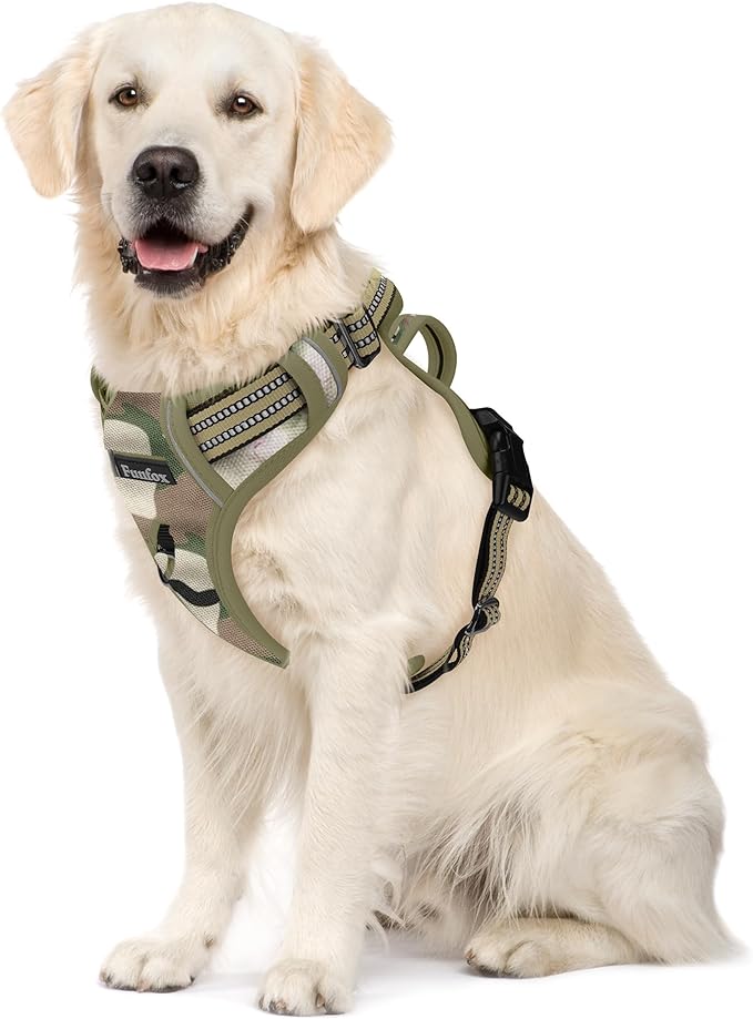 Funfox Dog Harness No Pull, Adjustable Pet Vest Harness, Super Soft Material with Vertical Handle Easy Control, Reflective Night Walking, 2 Leash Clips for Large Dogs, Camo Green, L - PhishStones Products