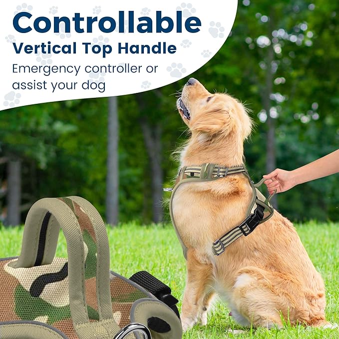 Funfox Dog Harness No Pull, Adjustable Pet Vest Harness, Super Soft Material with Vertical Handle Easy Control, Reflective Night Walking, 2 Leash Clips for Large Dogs, Camo Green, L - PhishStones Products