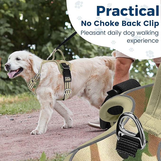 Funfox Dog Harness No Pull, Adjustable Pet Vest Harness, Super Soft Material with Vertical Handle Easy Control, Reflective Night Walking, 2 Leash Clips for Large Dogs, Camo Green, L - PhishStones Products