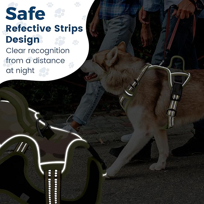 Funfox Dog Harness No Pull, Adjustable Pet Vest Harness, Super Soft Material with Vertical Handle Easy Control, Reflective Night Walking, 2 Leash Clips for Large Dogs, Camo Green, L - PhishStones Products