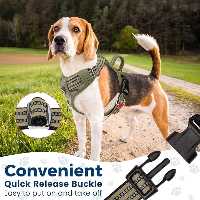Funfox Dog Harness No Pull, Adjustable Pet Vest Harness, Super Soft Material with Vertical Handle Easy Control, Reflective Night Walking, 2 Leash Clips for Large Dogs, Camo Green, L - PhishStones Products