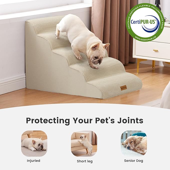 Gardner Pet Dog Stairs for Small Dogs 22.8" H, 5 - Step Beige Curved Pet Stairs, Dog Steps for High Bed, Couch (24 - 30 in) with Durable Non - Slip Waterproof Fabric Cover and CertiPUR - US Certified Foam - PhishStones Products