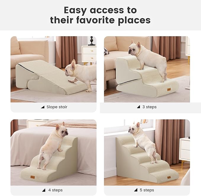 Gardner Pet Dog Stairs for Small Dogs 22.8" H, 5 - Step Beige Curved Pet Stairs, Dog Steps for High Bed, Couch (24 - 30 in) with Durable Non - Slip Waterproof Fabric Cover and CertiPUR - US Certified Foam - PhishStones Products