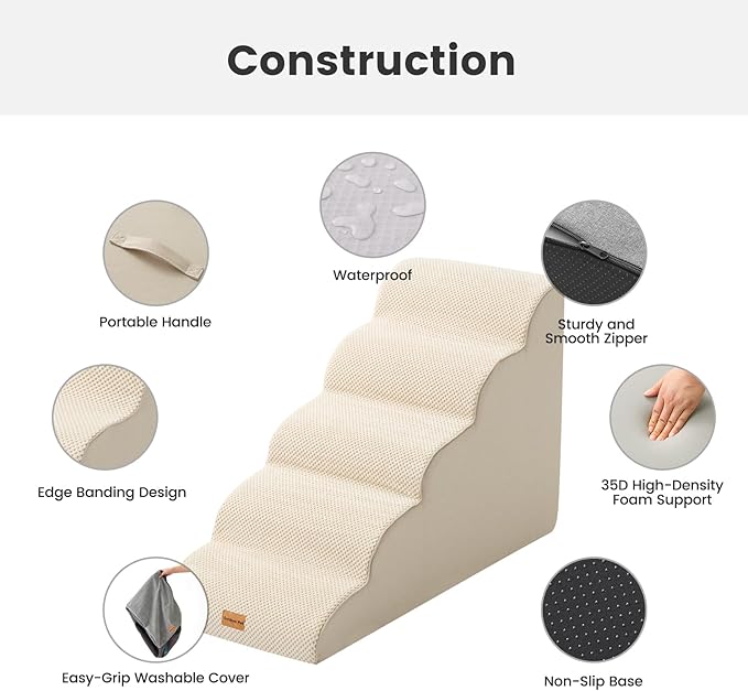 Gardner Pet Dog Stairs for Small Dogs 22.8" H, 5 - Step Beige Curved Pet Stairs, Dog Steps for High Bed, Couch (24 - 30 in) with Durable Non - Slip Waterproof Fabric Cover and CertiPUR - US Certified Foam - PhishStones Products