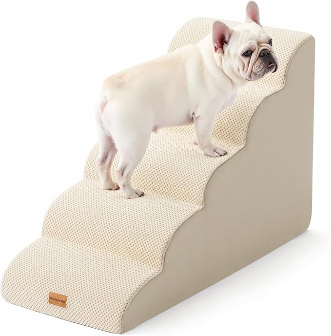 Gardner Pet Dog Stairs for Small Dogs 22.8" H, 5 - Step Beige Curved Pet Stairs, Dog Steps for High Bed, Couch (24 - 30 in) with Durable Non - Slip Waterproof Fabric Cover and CertiPUR - US Certified Foam - PhishStones Products