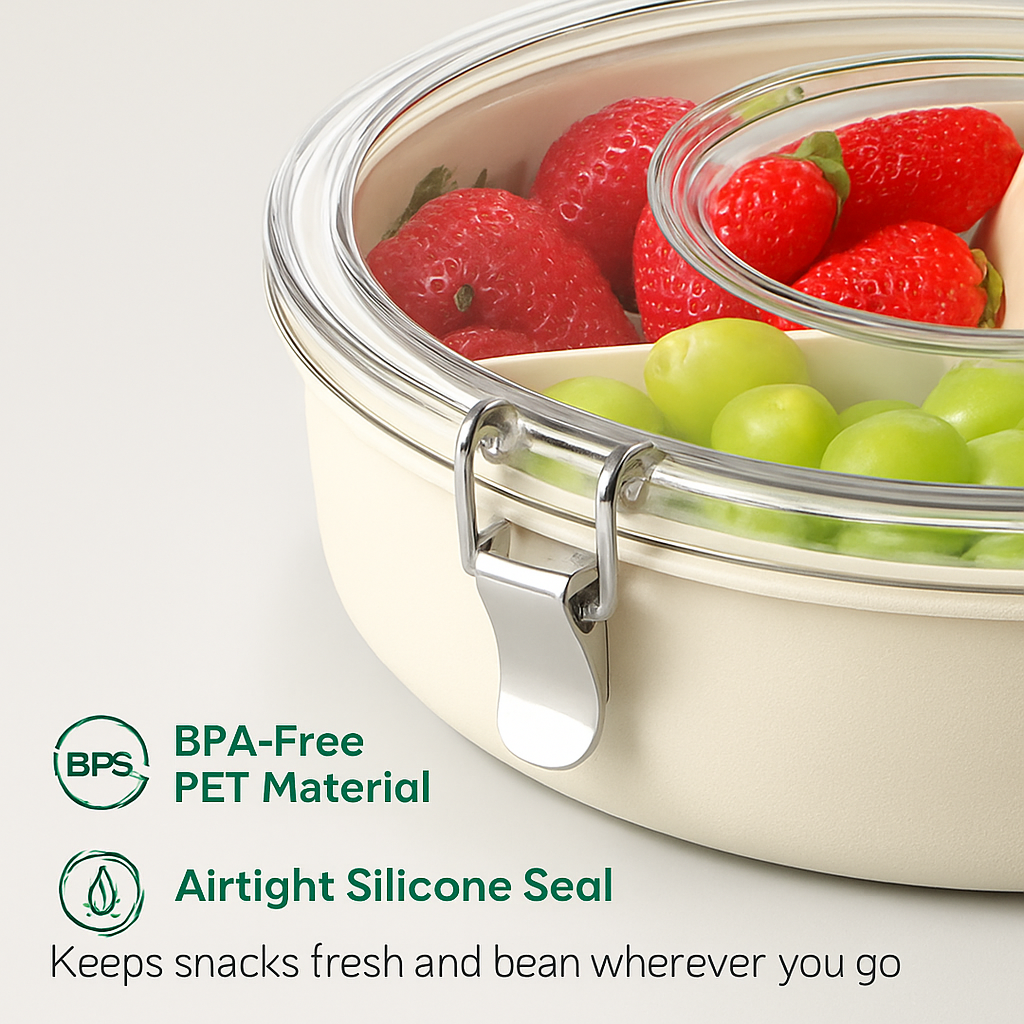 Divided Serving Tray with Lid and Handle - Rotatable Base