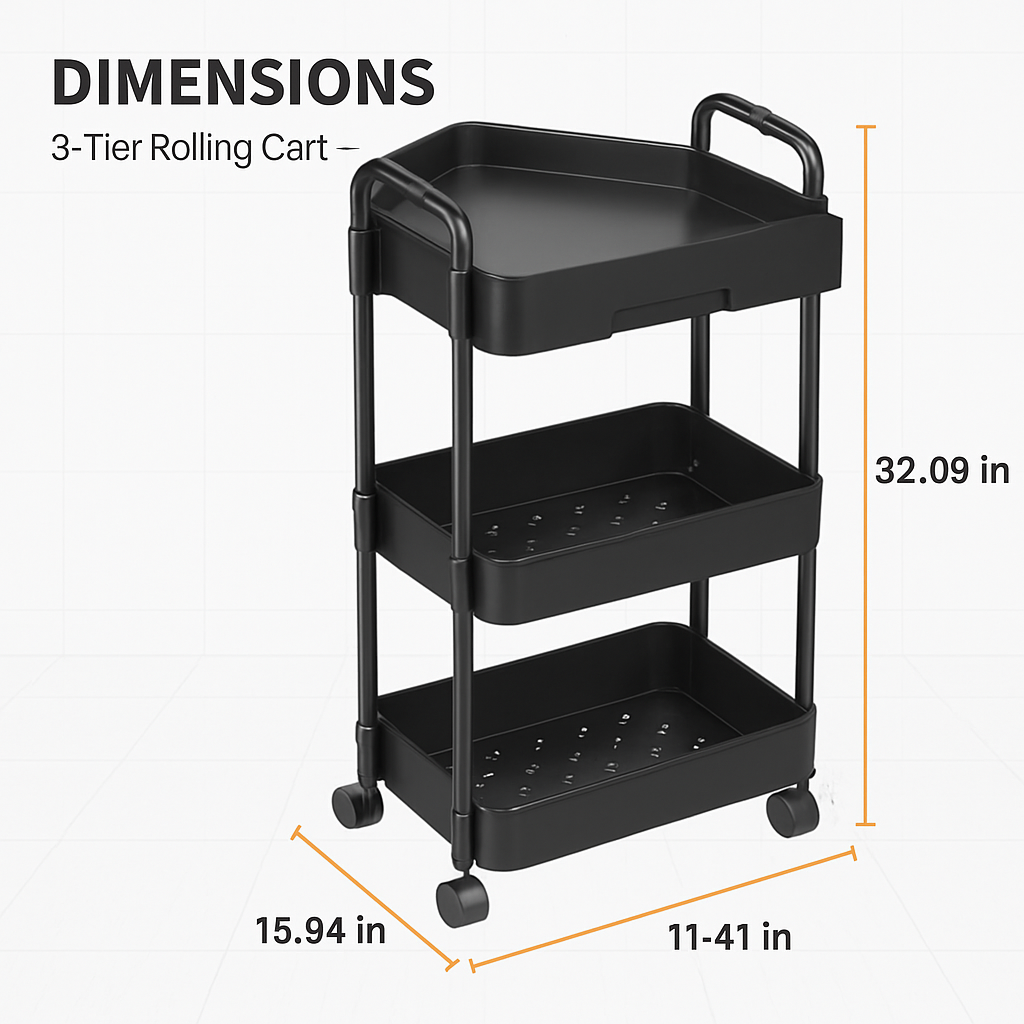 3 Tier Rolling Utility Cart with Wheels for Home Use