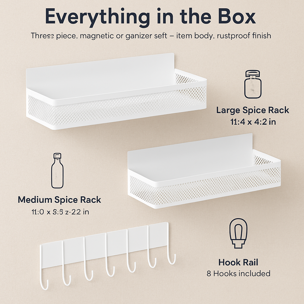 Magnetic Spice Rack with Hooks and Shelving