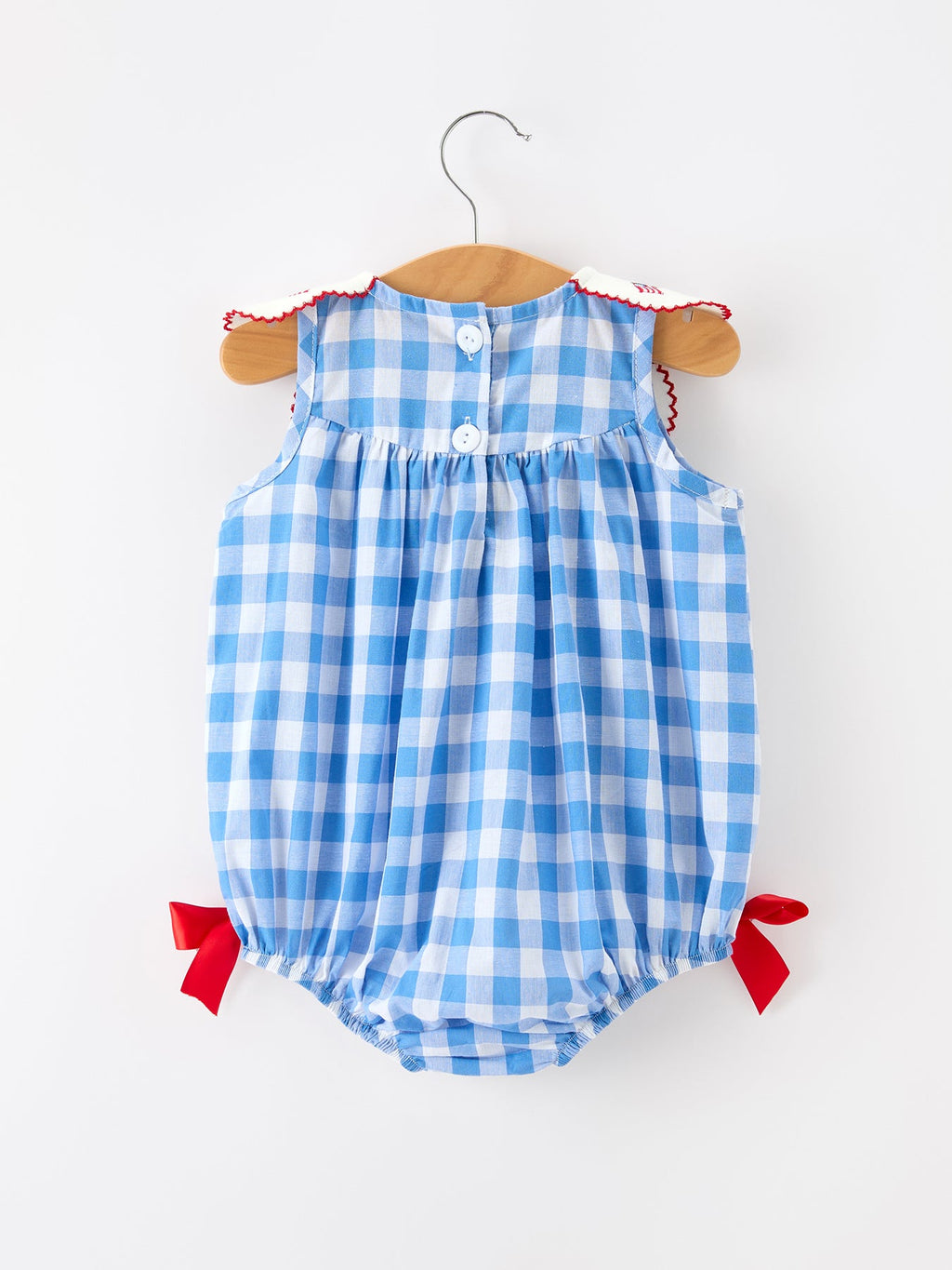 Girls 4th of July Plaid Romper Bow Embroidery Petals Collar - PhishStones Products
