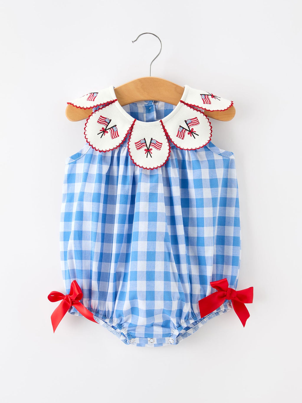 Girls 4th of July Plaid Romper Bow Embroidery Petals Collar - PhishStones Products