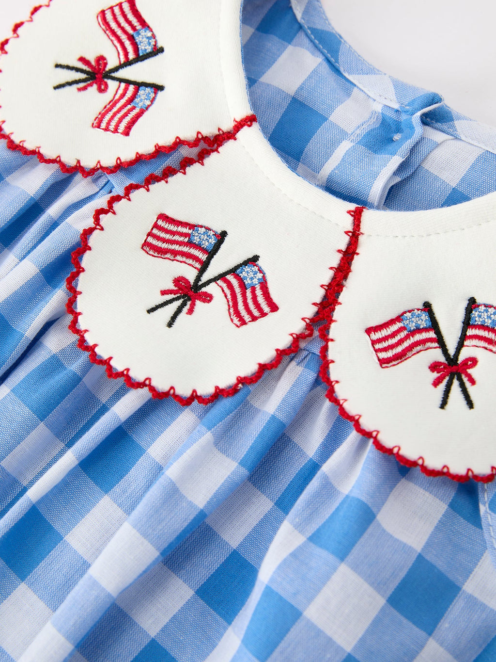 Girls 4th of July Plaid Romper Bow Embroidery Petals Collar - PhishStones Products