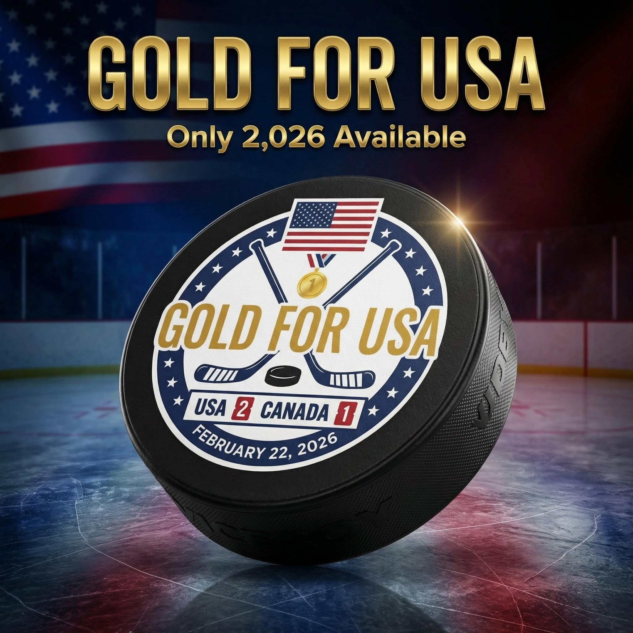 "Gold For USA" Commemorative Hockey Puck - Only 2,026 Available - PhishStones Products