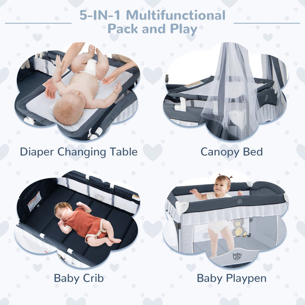 Convertible Bassinet with Removable Changing Table and Detachable Mesh Net-Grey