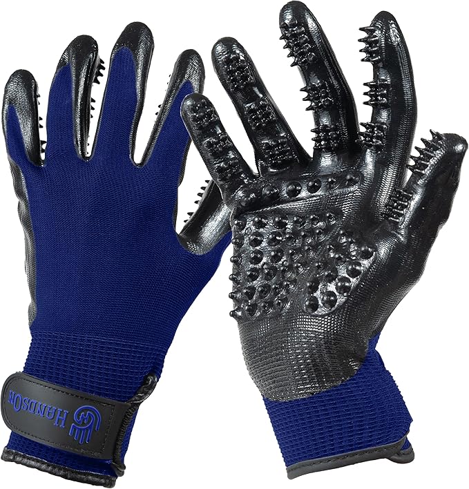 H HANDSON Pet Grooming Gloves - Patented 1 Ranked, Award Winning Shedding, Bathing, & Hair Remover Gloves - Gentle Brush for Cats, Dogs, and Horses (Blue, Large) - PhishStones Products