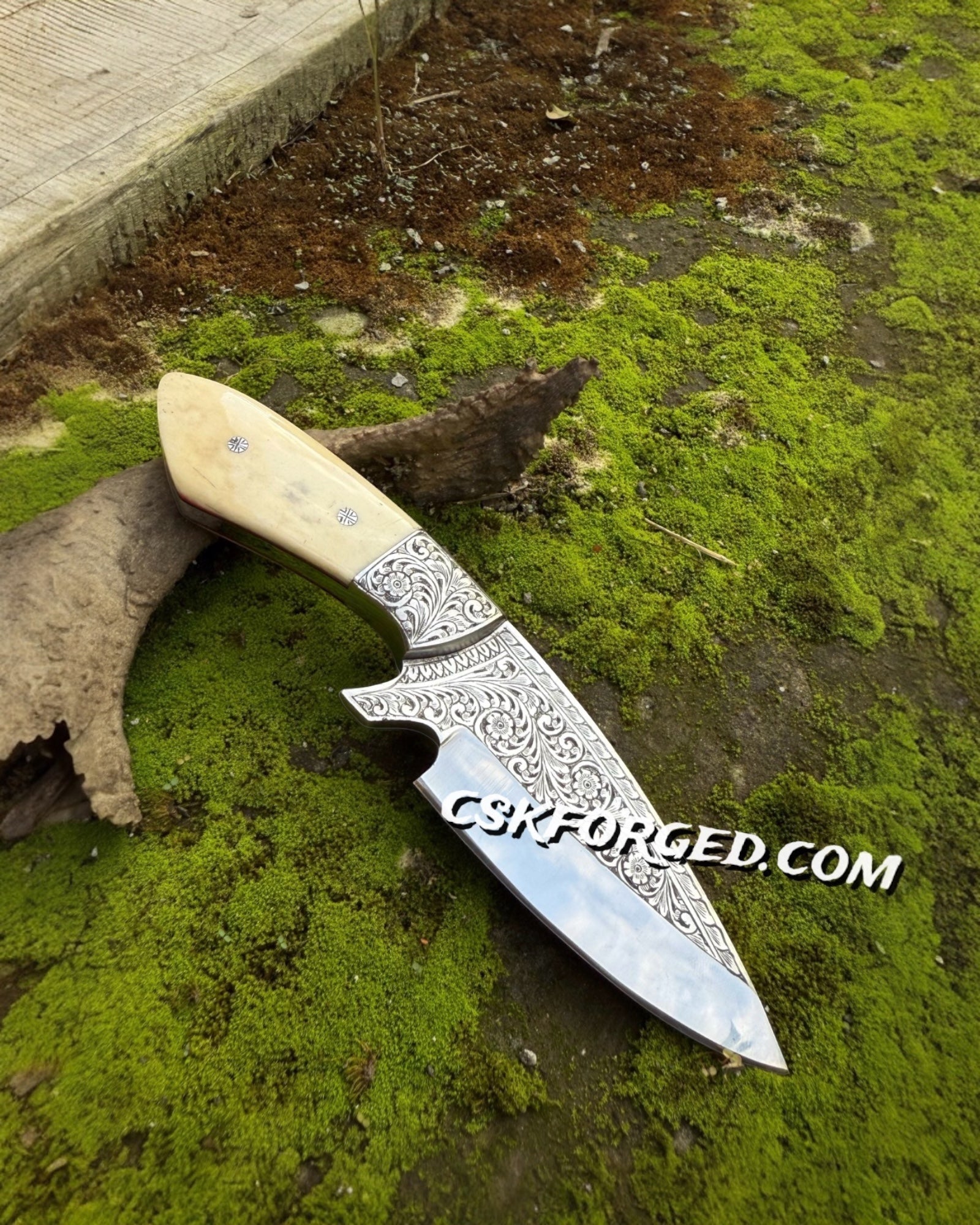 Hand Engraved Hunting Knife | Custom D2 Steel Blade with Bone Handle - PhishStones Products