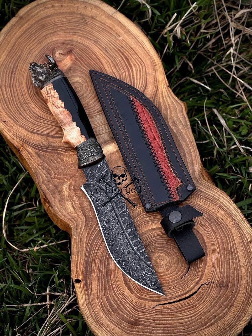 Hand - Forged Damascus Hunting Knife | Wolf Pommel | Custom Burl Wood Handle & Leather Sheath - PhishStones Products
