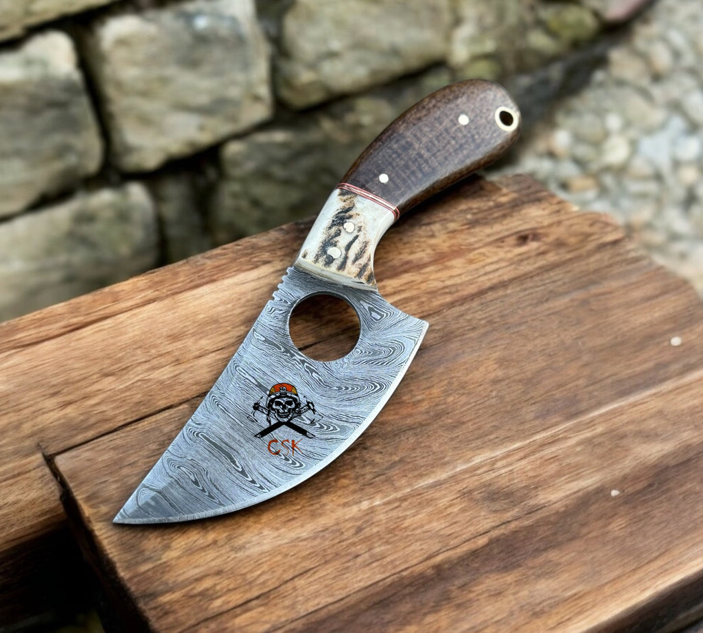 Hand - Forged Damascus Steel Cleaver Knife with Finger HoleHunting,Camping,and Bushcraft Tool - PhishStones Products