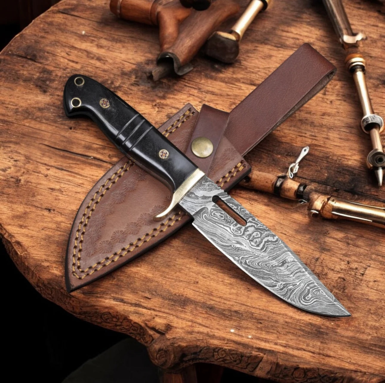 Hand Forged Damascus Steel Drop Point Hunter Knife - PhishStones Products