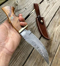 HAND FORGED Fixed Blade Damascus Steel Hunting Knife With Leather Sheath - PhishStones Products