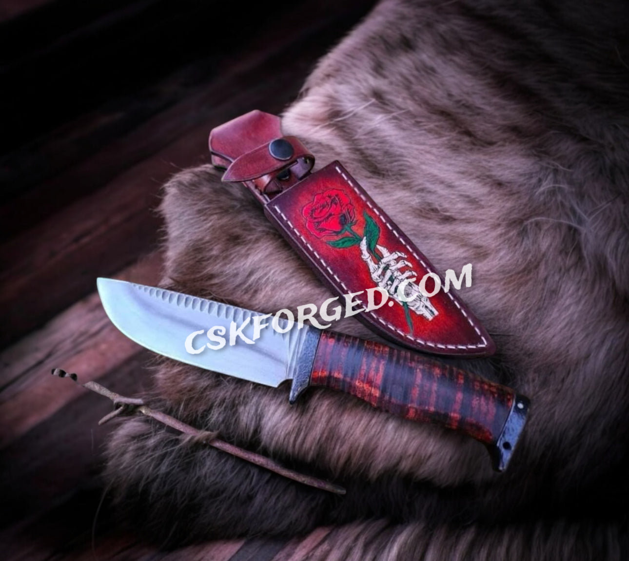 Hand - Forged High Carbon Steel Hunting Knife – Acid - Etched Blade with Flower Engraved Leather Sheath - PhishStones Products
