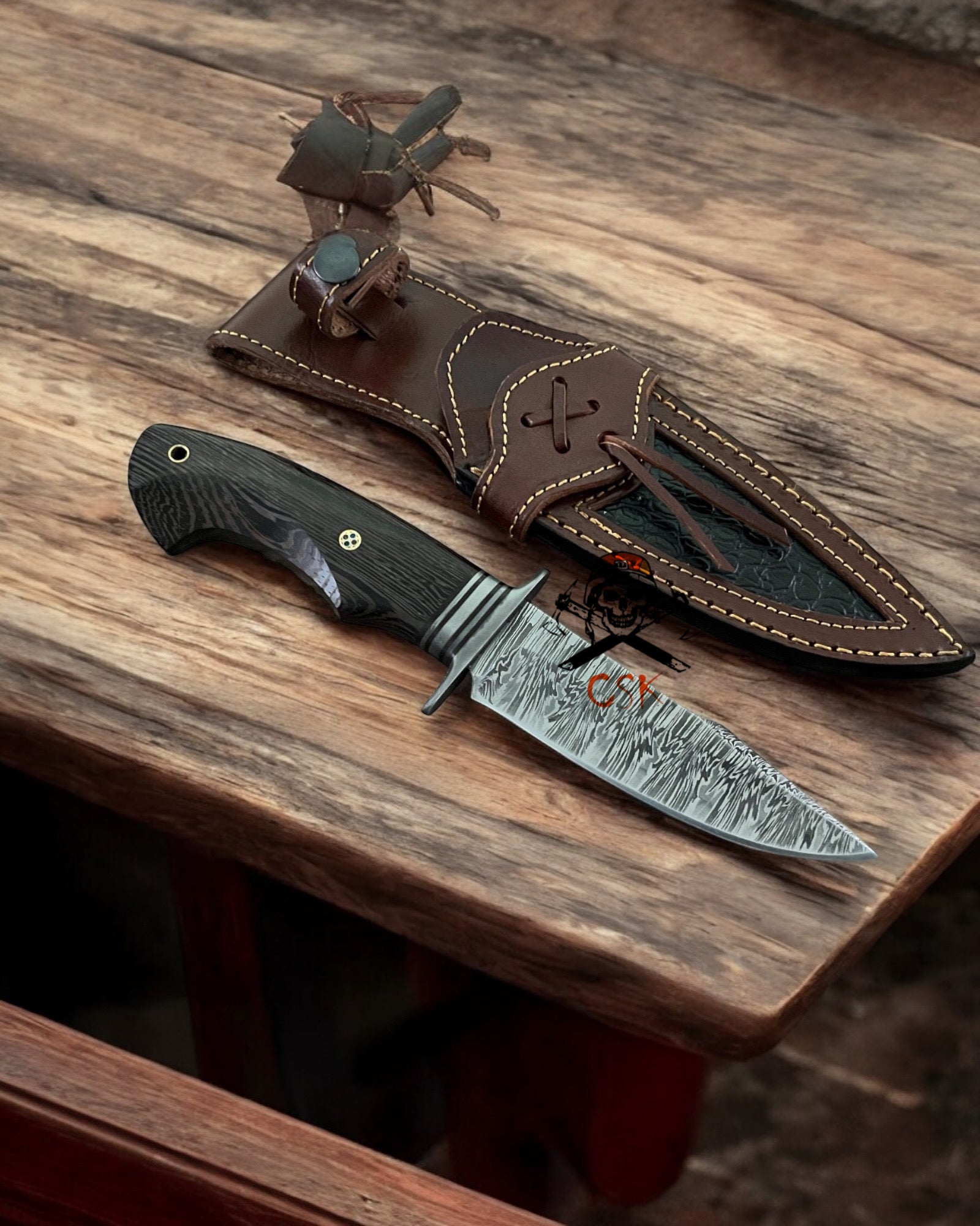 Handcrafted Bobcat Knife – 9.25’’ Damascus Steel Blade & Wengewood Handle | Unique Hunting, Outdoor, and Collector’s Knife - PhishStones Products