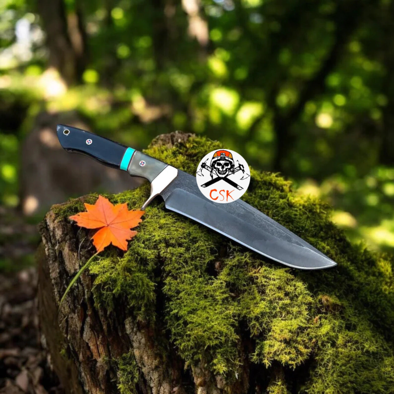 Handcrafted Carbon Steel Hunting Knife with Acid Wash Finish and Brass Clip Guard - PhishStones Products