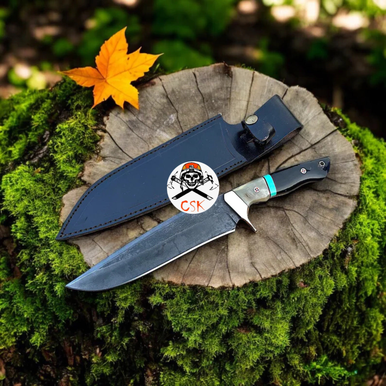 Handcrafted Carbon Steel Hunting Knife with Acid Wash Finish and Brass Clip Guard - PhishStones Products