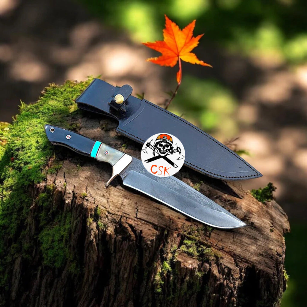 Handcrafted Carbon Steel Hunting Knife with Acid Wash Finish and Brass Clip Guard - PhishStones Products