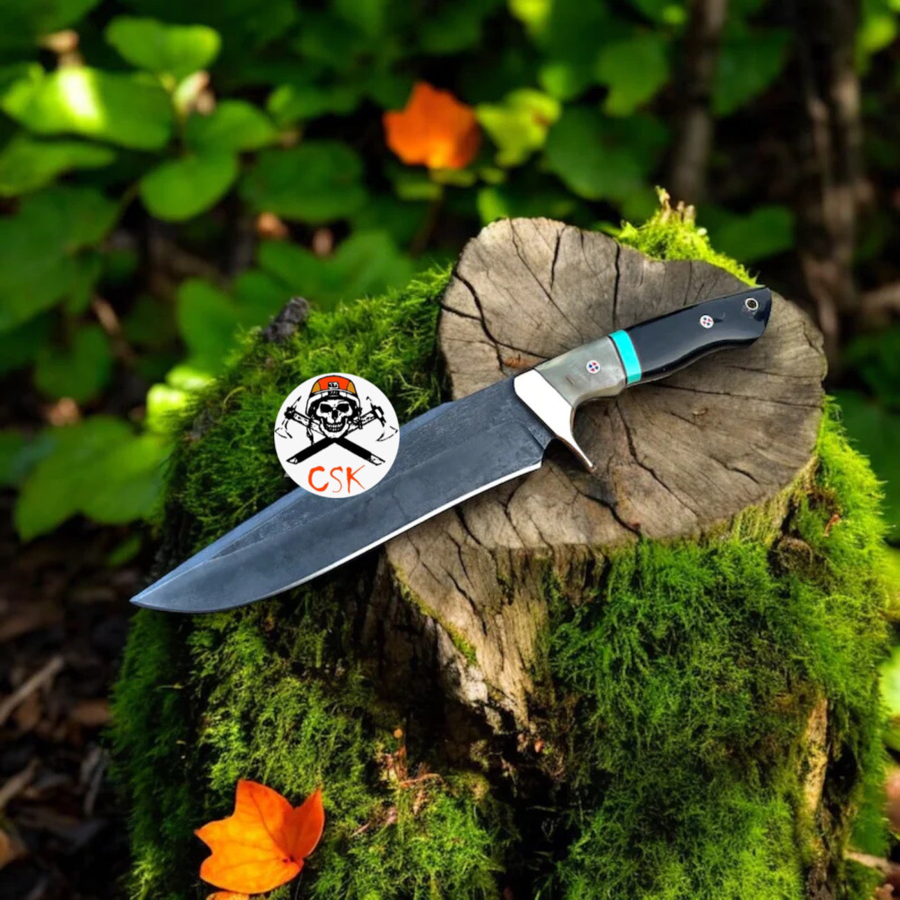 Handcrafted Carbon Steel Hunting Knife with Acid Wash Finish and Brass Clip Guard - PhishStones Products