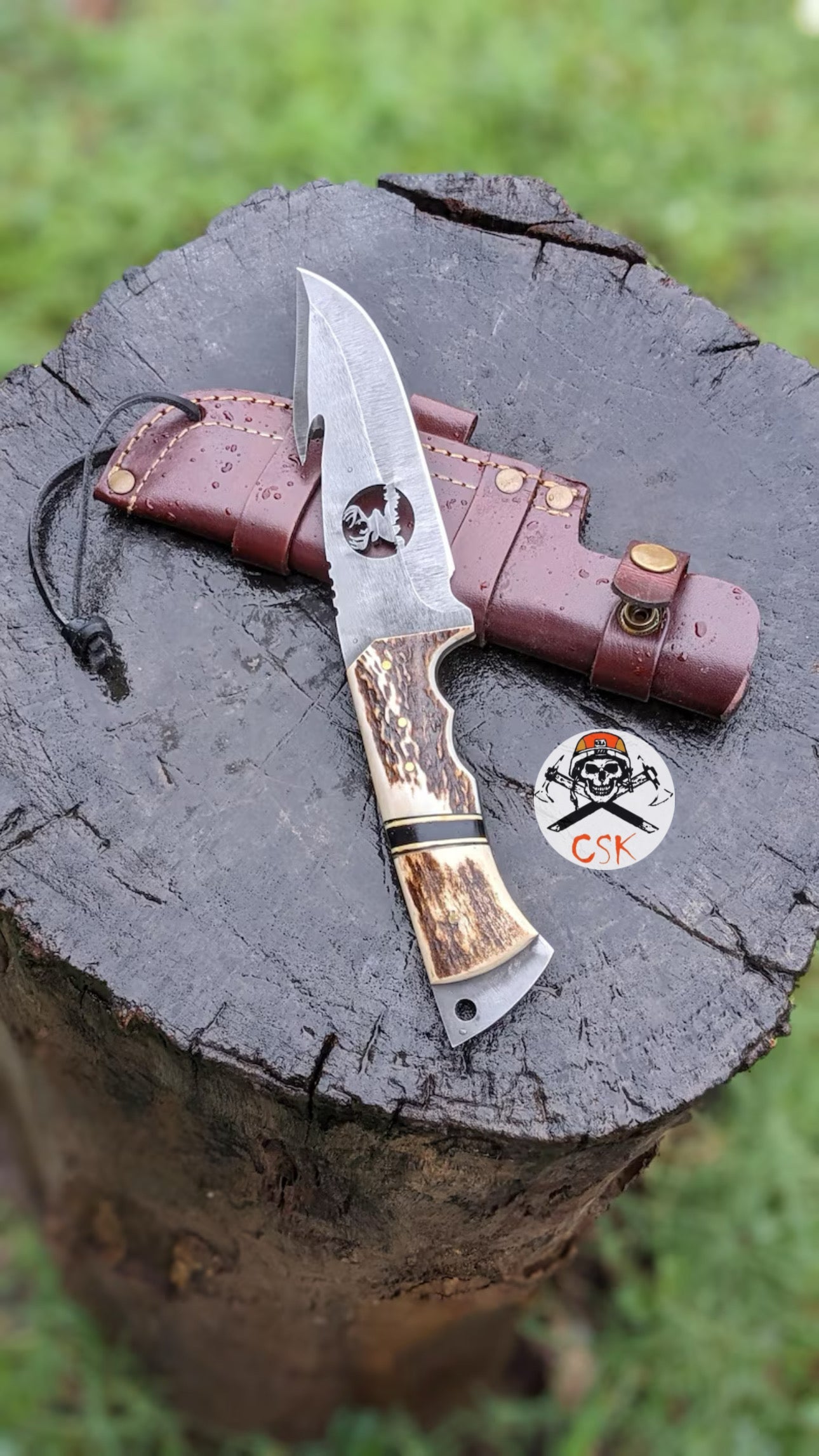 Handcrafted Carbon Steel Hunting Knife with Antler Handle – Custom Bushcraft Survival Blade - PhishStones Products