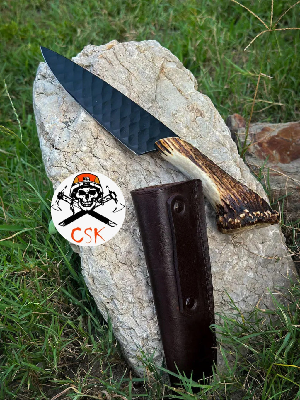 Handcrafted High carbon Steel Knife with Antler Handle – Razor - Sharp, Patterned Blade for Precision Edge - PhishStones Products