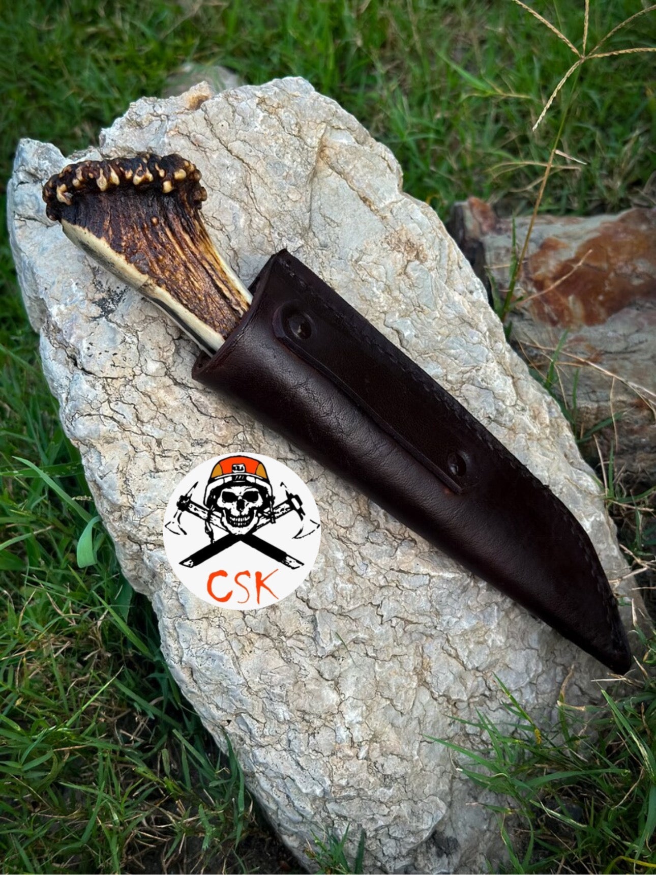 Handcrafted High carbon Steel Knife with Antler Handle – Razor - Sharp, Patterned Blade for Precision Edge - PhishStones Products