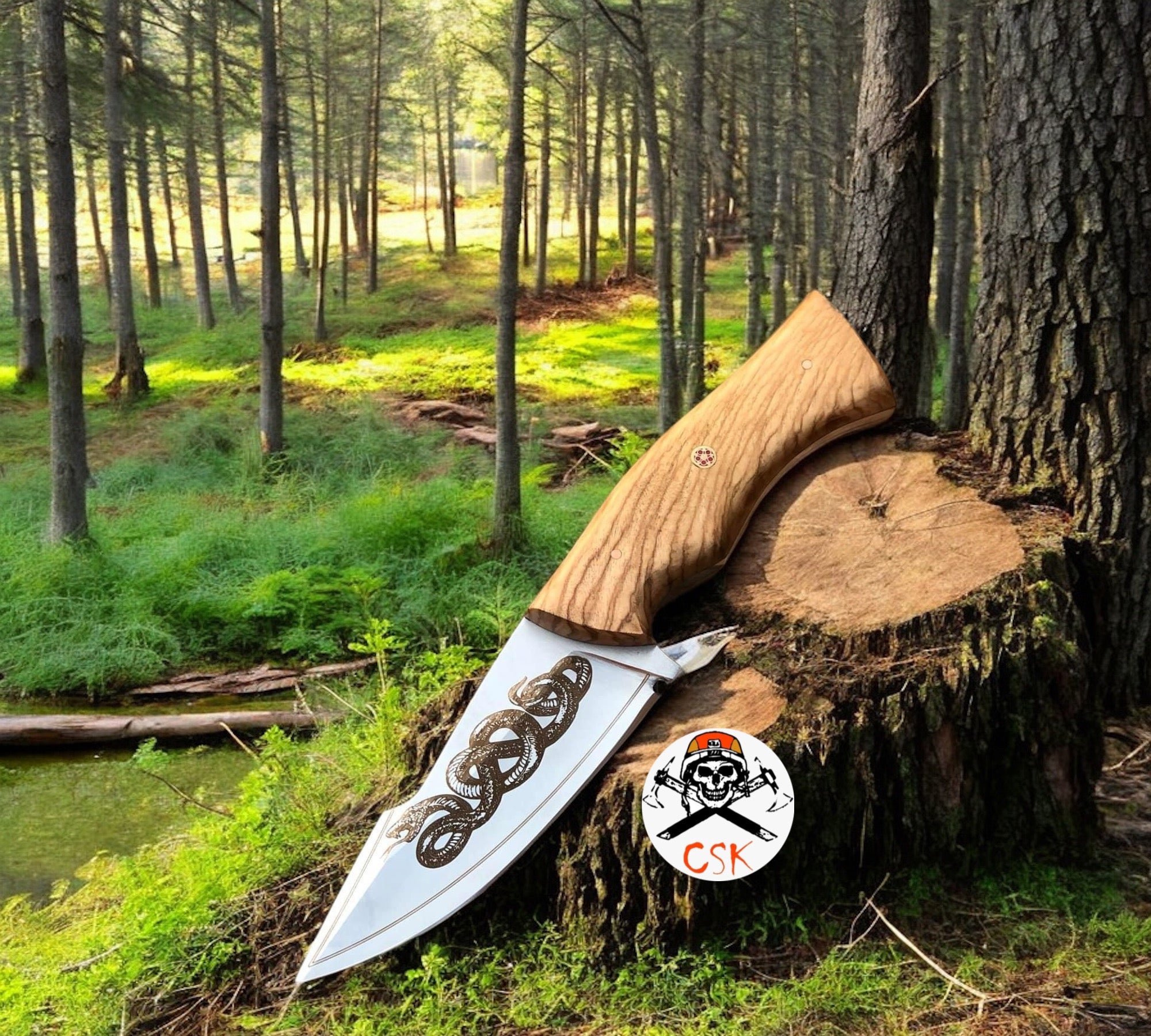 Handcrafted J2 Steel Hunting Knife with Snake Engraving | Premium Outdoor Blade - PhishStones Products