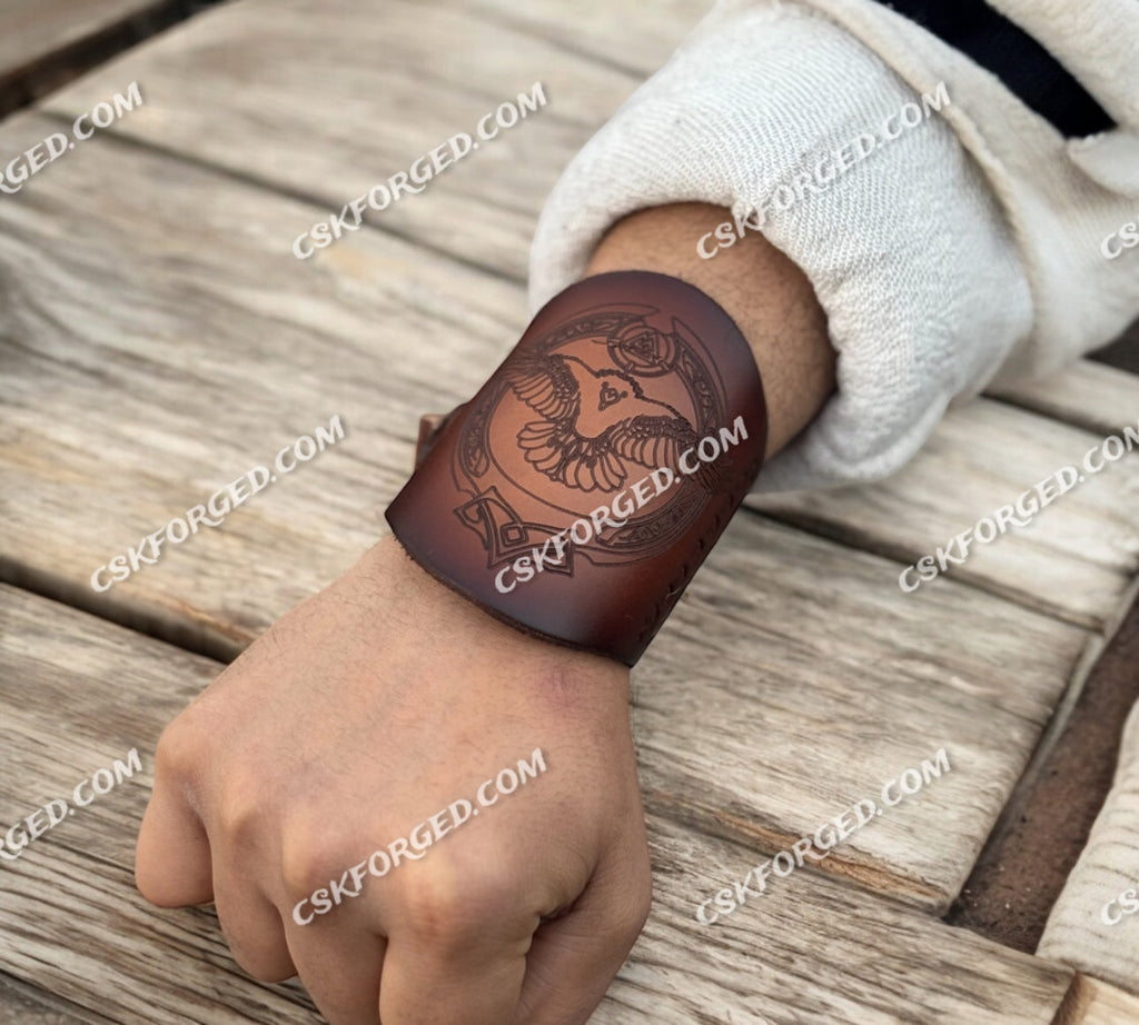 Handcrafted Viking Leather Cuff – Norse Raven Wristband | Medieval & Nordic Arm Guard - PhishStones Products
