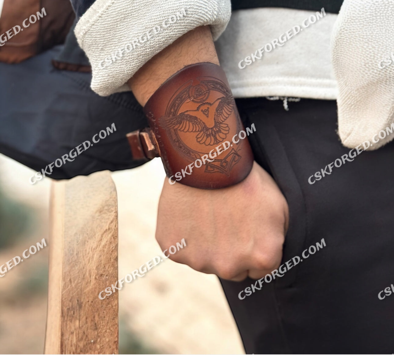 Handcrafted Viking Leather Cuff – Norse Raven Wristband | Medieval & Nordic Arm Guard - PhishStones Products